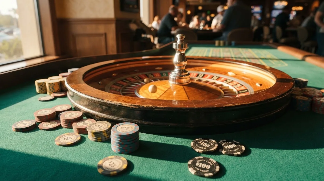Roda de roleta e fichas sobre feltro verde, sob uma luz quente de fim de tarde — 1 euro casino em portugal