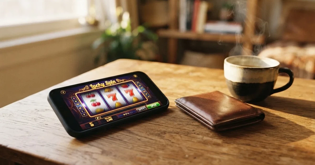 Telemóvel numa mesa de madeira ao lado de uma carteira e de uma chávena de café — 1 euro casino em portugal