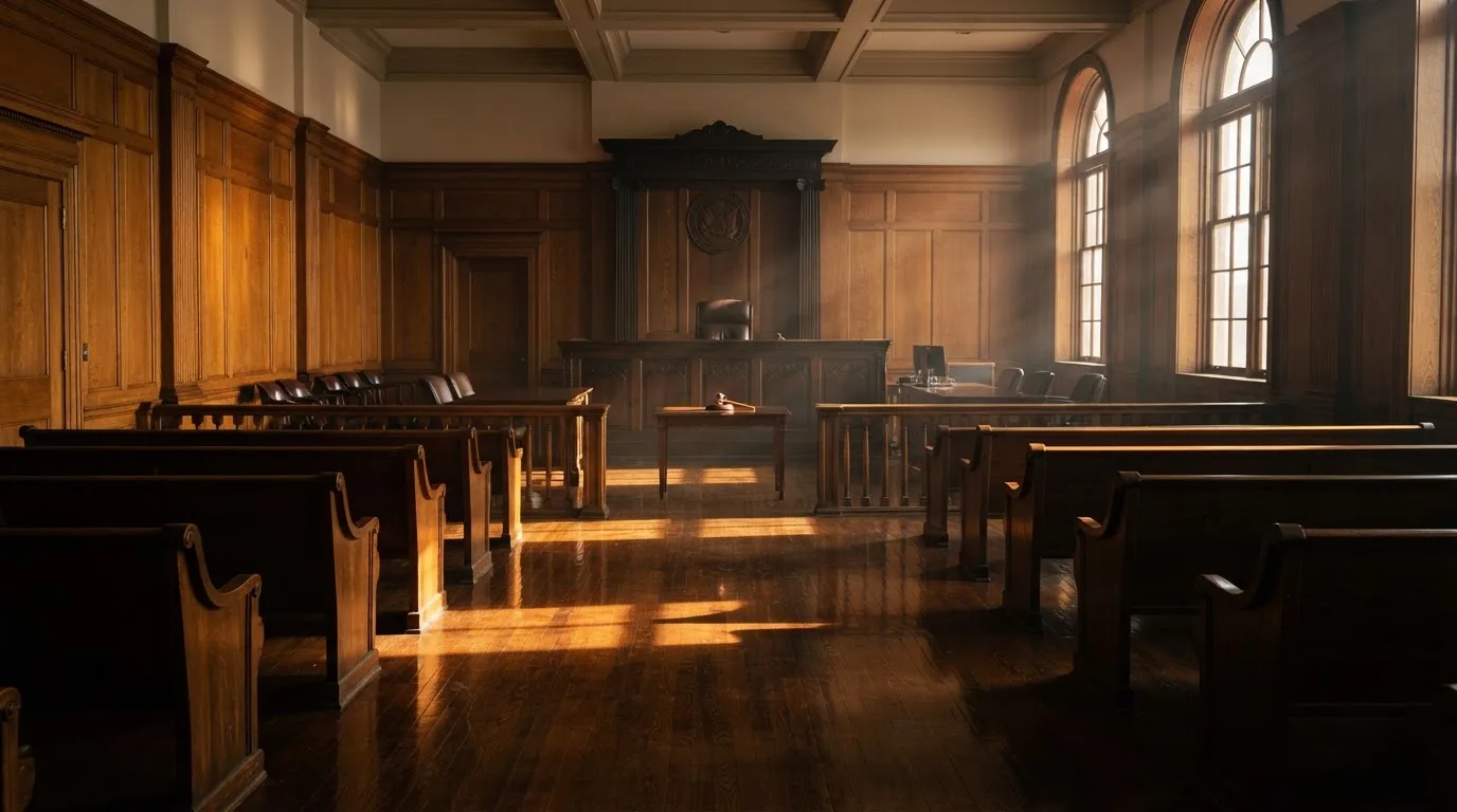 Sala de tribunal vazia com painéis de madeira, à luz da manhã — 10 euro casino em portugal