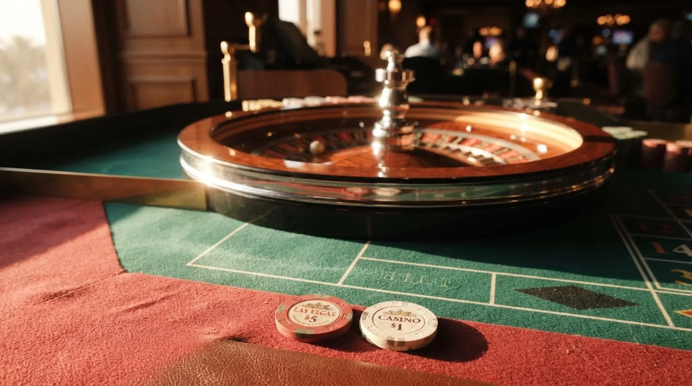 Roda de roleta e fichas sobre feltro verde, sob uma luz quente de fim de tarde — 10 euro casino em portugal