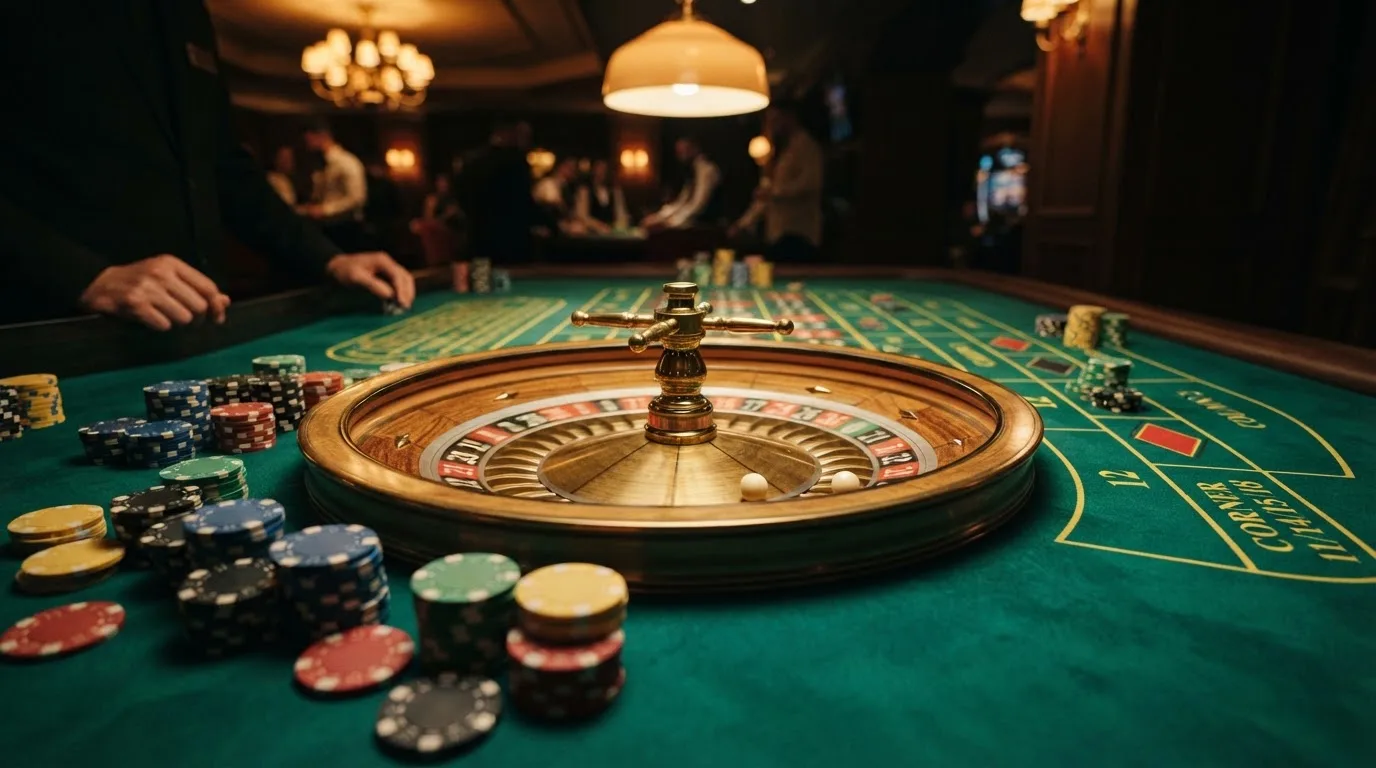 Roda de roleta e fichas sobre feltro verde, sob uma luz quente de fim de tarde — 20 euro casino em portugal