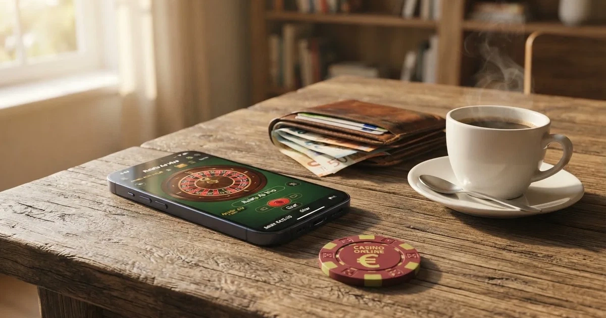 Telemóvel numa mesa de madeira ao lado de uma carteira e de uma chávena de café — 20 euro casino em portugal