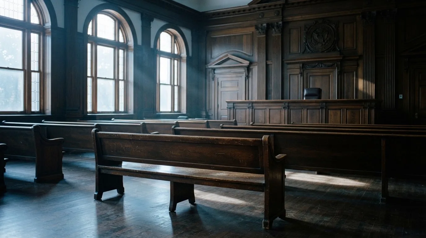 Sala de tribunal vazia com painéis de madeira, à luz da manhã — 5 euro casino em portugal