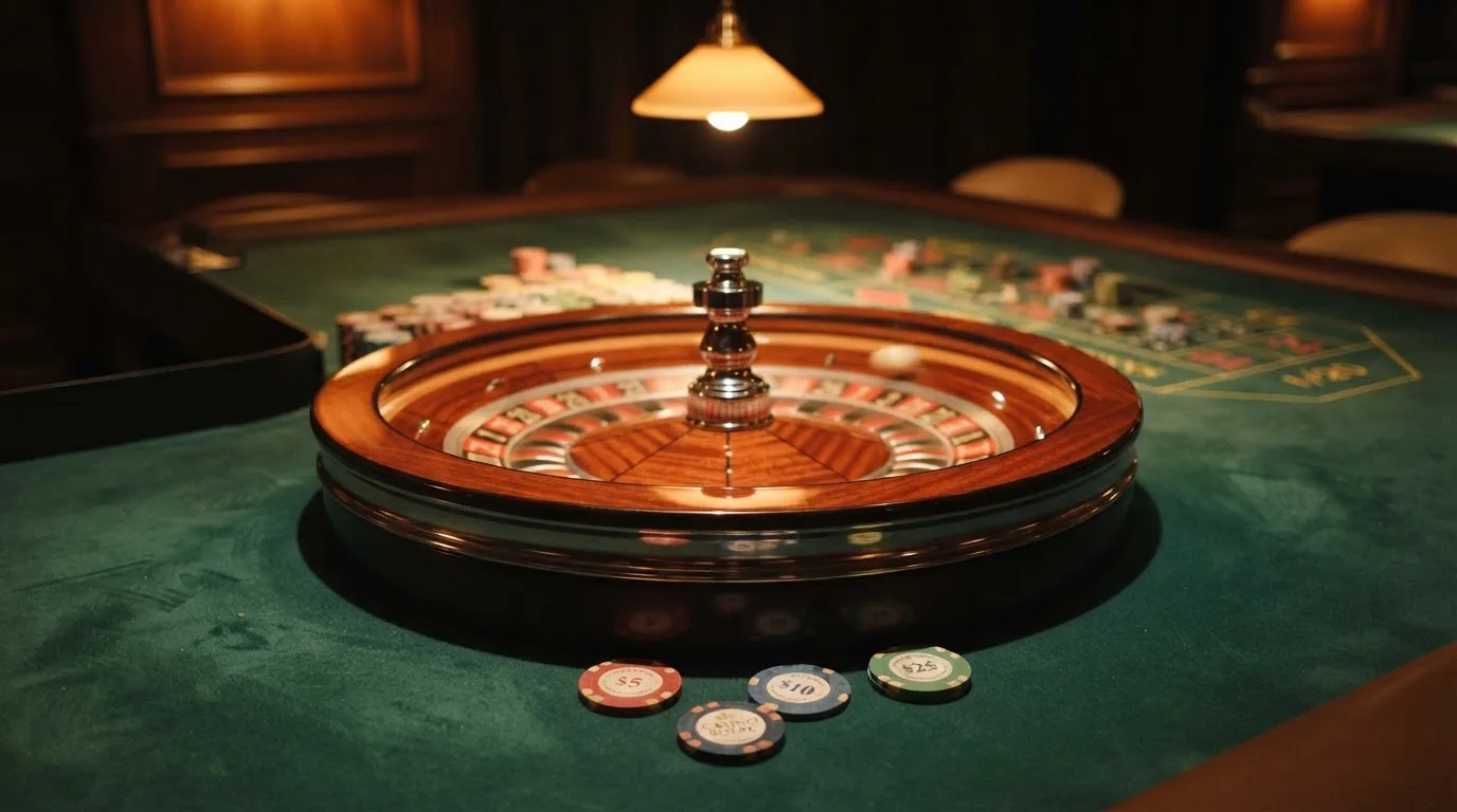 Roda de roleta e fichas sobre feltro verde, sob uma luz quente de fim de tarde — 5 euro casino em portugal