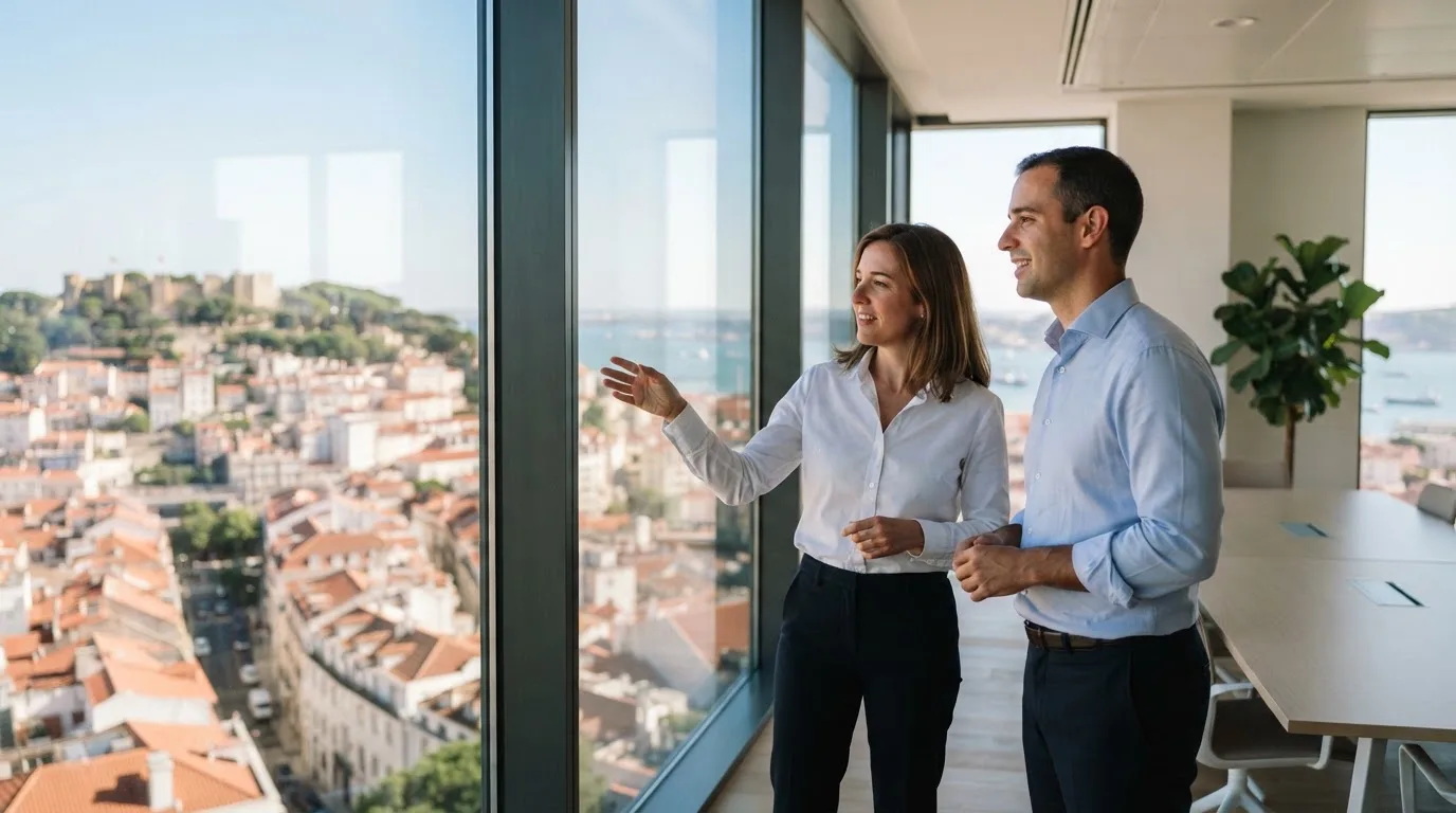Duas pessoas de camisa a conversar junto a uma janela grande de um escritório público, com a cidade de Lisboa desfocada atrás.