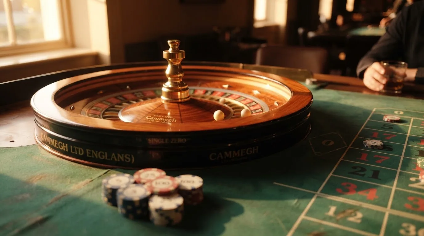 Roda de roleta e fichas sobre feltro verde, sob uma luz quente de fim de tarde — blackjack ao vivo em portugal