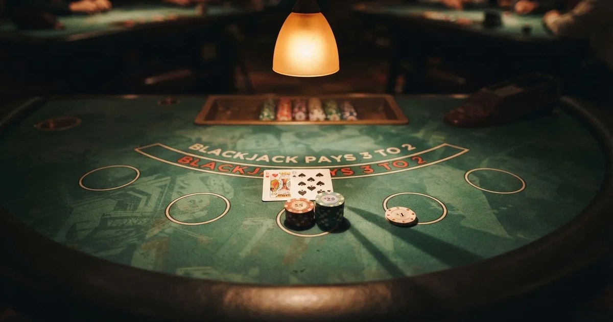 Mesa de jogo iluminada com cartas, vista de cima — blackjack ao vivo em portugal