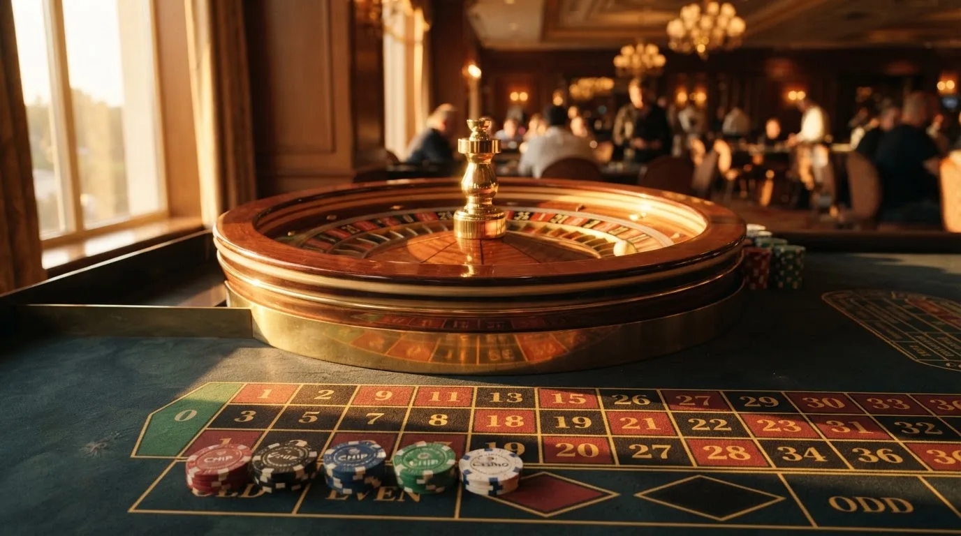 Roda de roleta e fichas sobre feltro verde, sob uma luz quente de fim de tarde — blackjack casinos em portugal