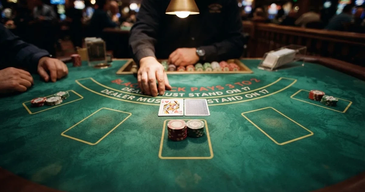 Mesa de jogo iluminada com cartas, vista de cima — blackjack casinos em portugal