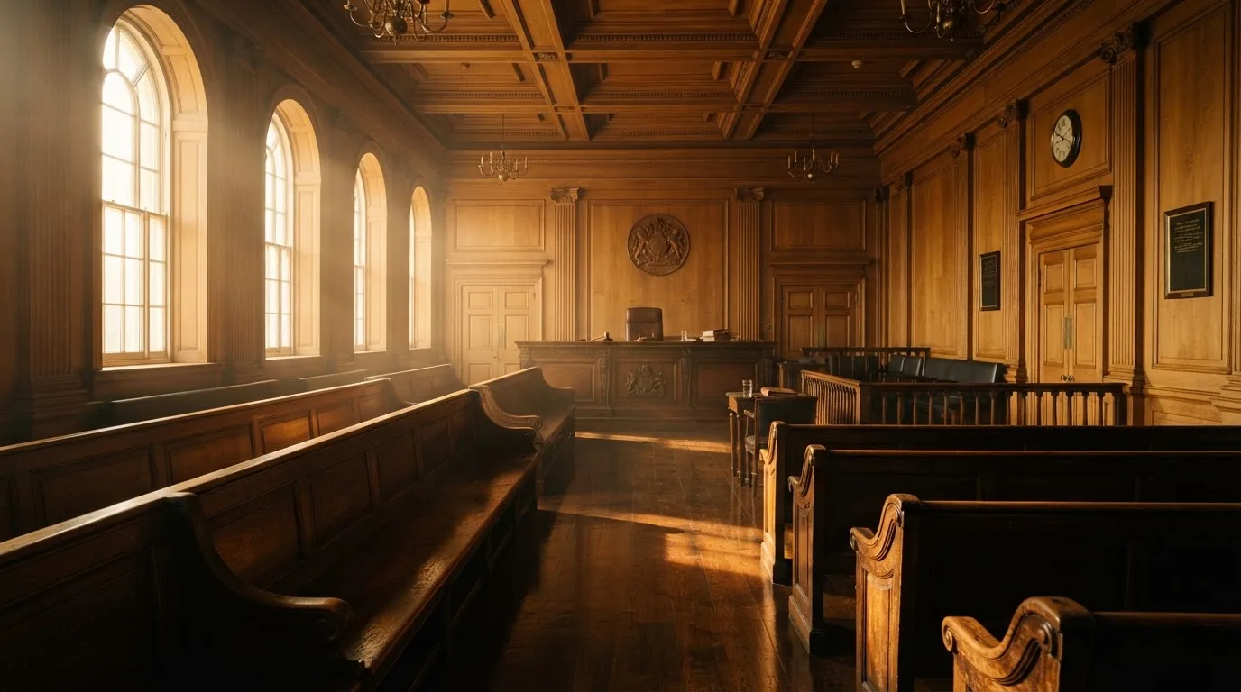 Sala de tribunal vazia com painéis de madeira, à luz da manhã — blackjack online casino em portugal