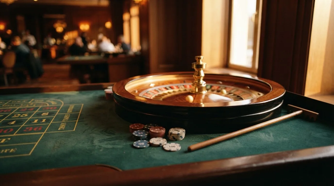 Roda de roleta e fichas sobre feltro verde, sob uma luz quente de fim de tarde — blackjack online casino em portugal