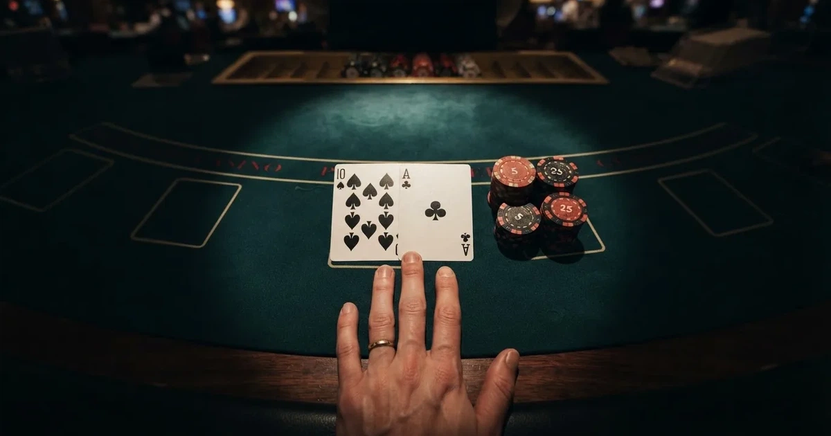 Mesa de jogo iluminada com cartas, vista de cima — blackjack online casino em portugal