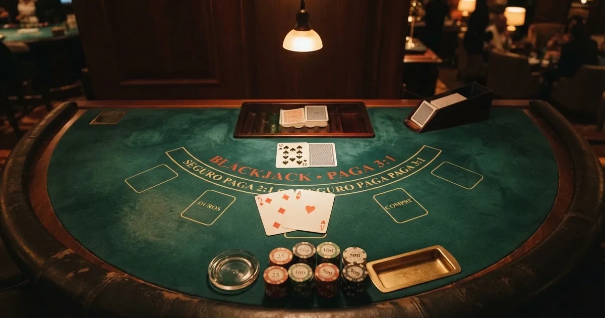 Mesa de jogo iluminada com cartas, vista de cima — blackjack regras para portugueses