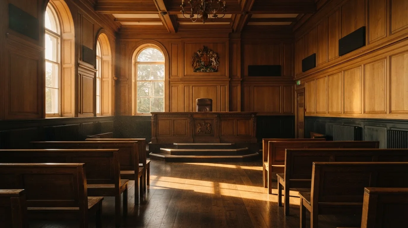 Sala de tribunal vazia com painéis de madeira, à luz da manhã — caça-níqueis em casinos portugueses