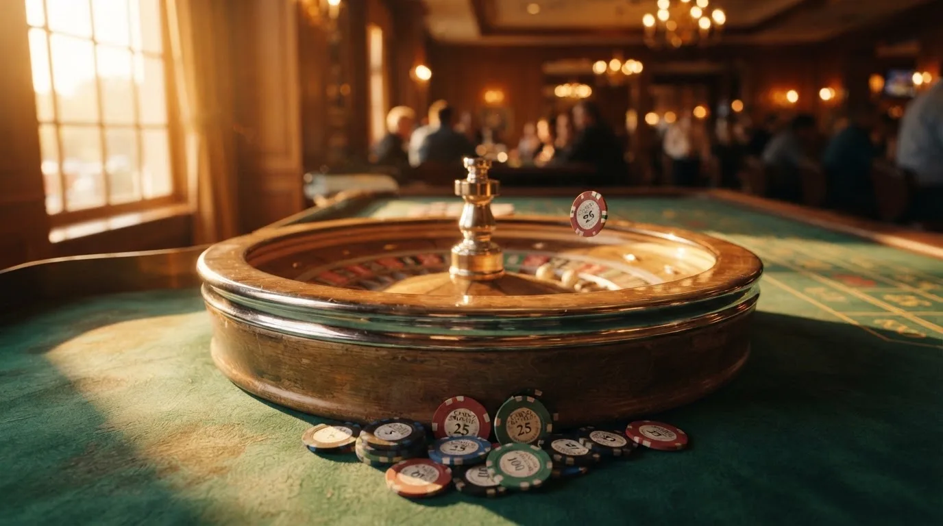 Roda de roleta e fichas sobre feltro verde, sob uma luz quente de fim de tarde — caça-níqueis em casinos portugueses