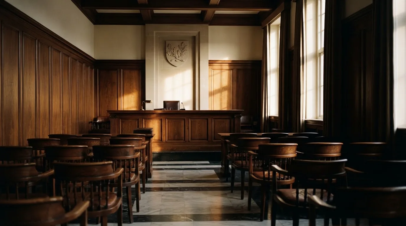 Sala de tribunal vazia com painéis de madeira, à luz da manhã — caça-níqueis grátis em portugal
