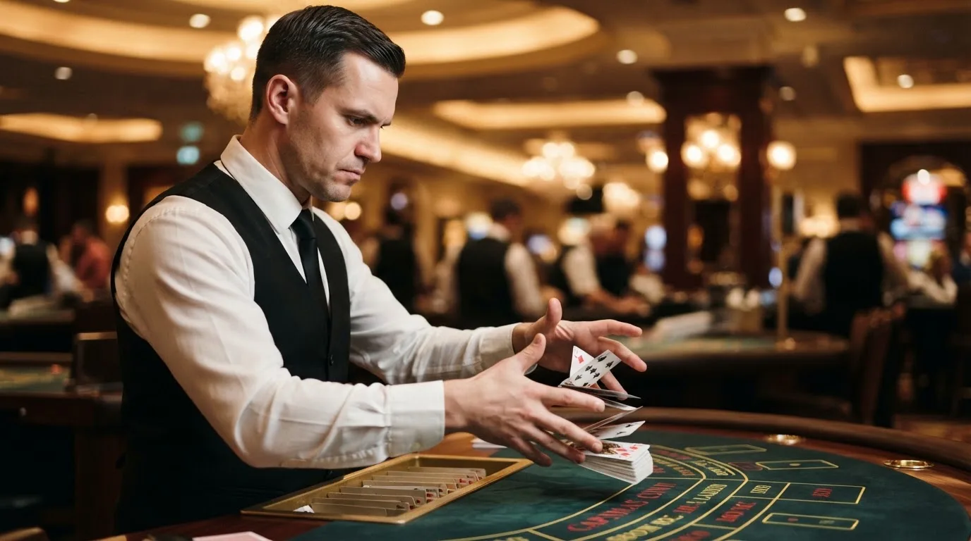 Croupier de gravata a baralhar cartas com destreza, vista lateral, fundo desfocado de um salão de casino em Portugal.