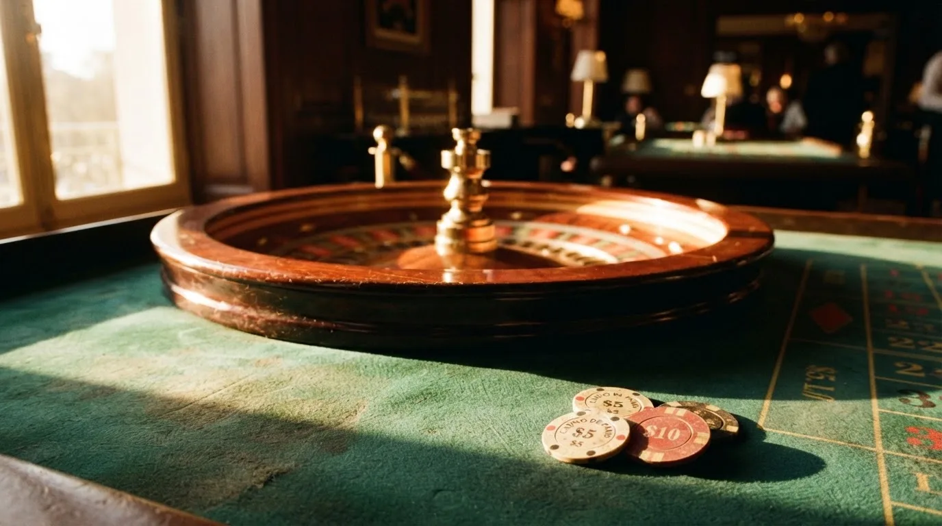 Roda de roleta e fichas sobre feltro verde, sob uma luz quente de fim de tarde — casino com bingo em portugal