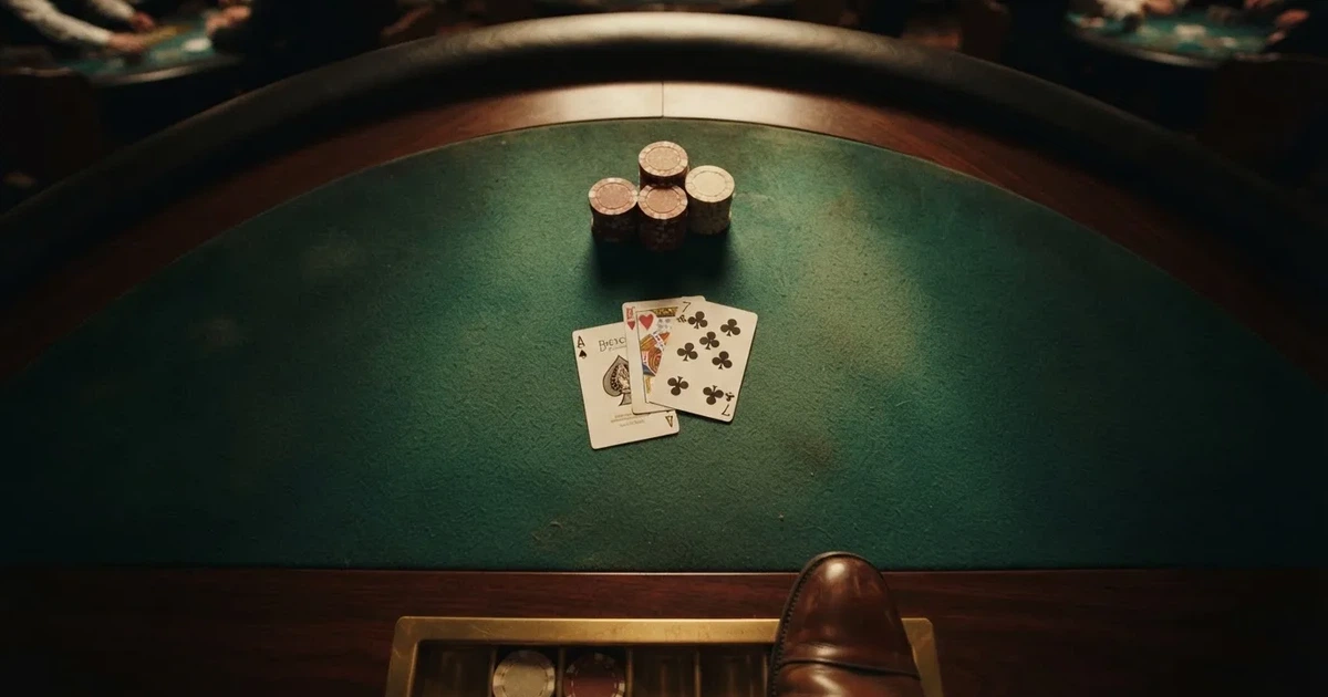 Mesa de jogo iluminada com cartas, vista de cima — casino com bingo em portugal