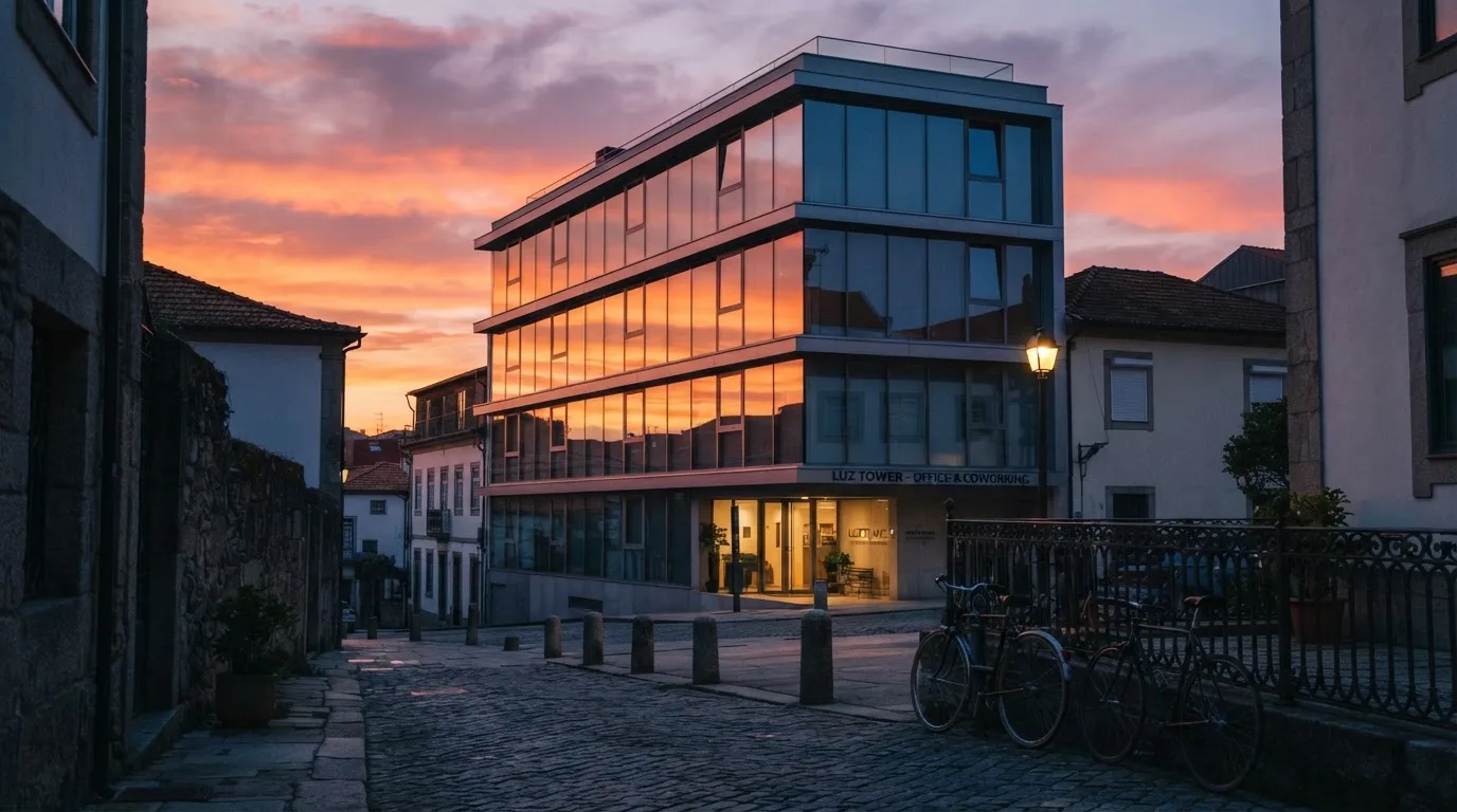 Edifício de escritórios com fachada de vidro ao entardecer, reflexo do céu cor-de-laranja e uma rua tranquila em primeiro plano.