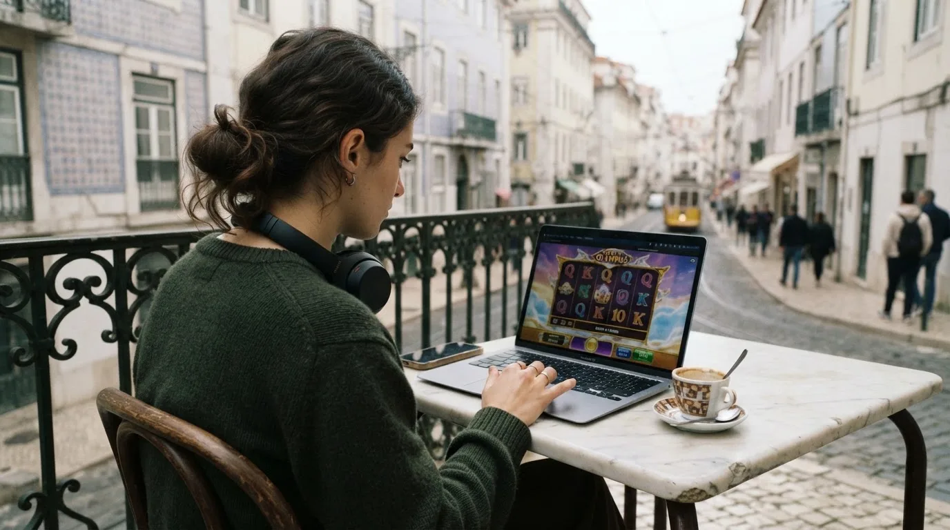 Jovem a trabalhar num café com portátil e auscultadores ao pescoço, esplanada de Lisboa ao fundo, luz suave.