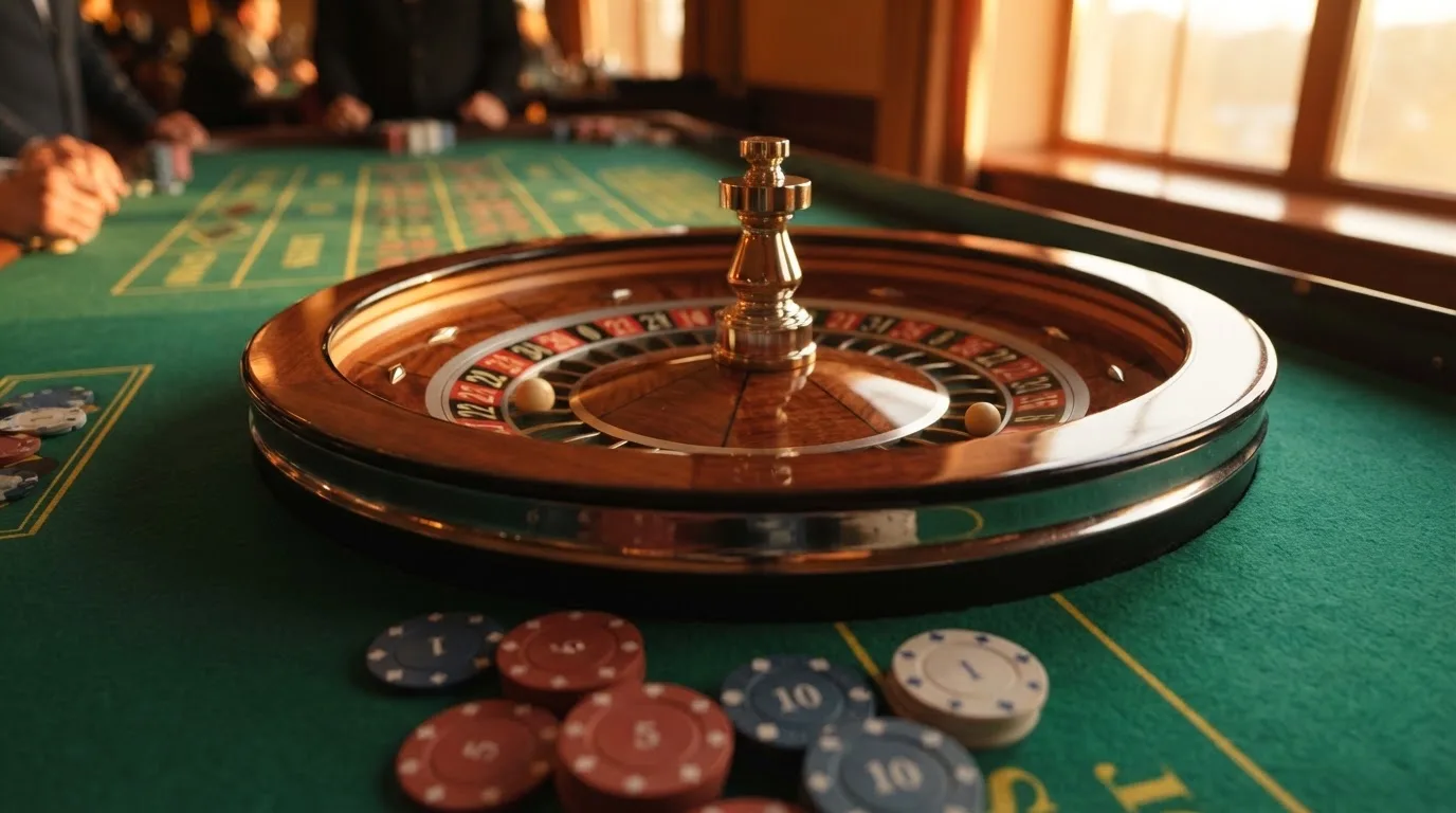 Roda de roleta e fichas sobre feltro verde, sob uma luz quente de fim de tarde — casino com bônus no cadastro pt