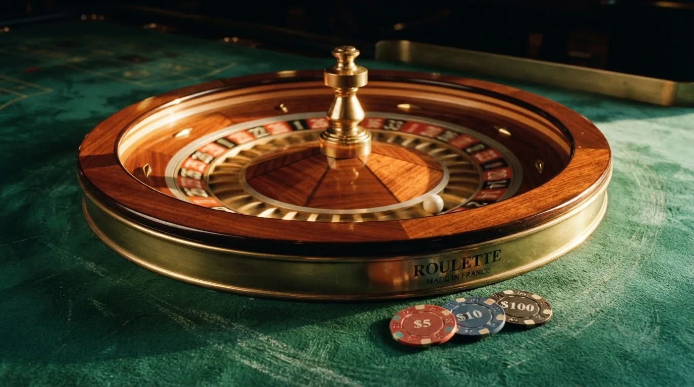 Roda de roleta e fichas sobre feltro verde, sob uma luz quente de fim de tarde — casino com dinheiro em portugal