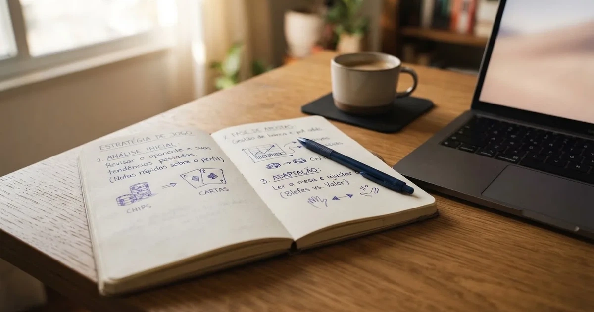 Caderno com um esboço passo a passo ao lado de um teclado — casino com dinheiro em portugal