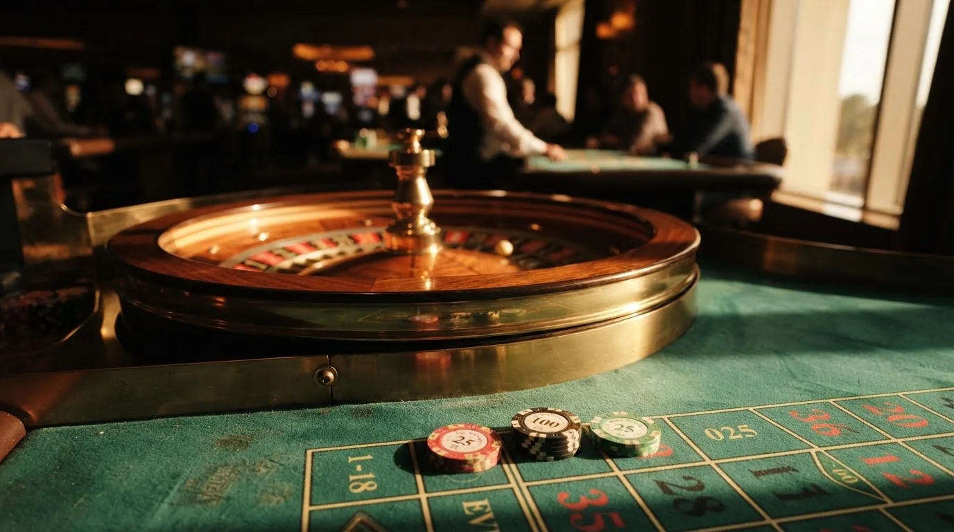 Roda de roleta e fichas sobre feltro verde, sob uma luz quente de fim de tarde — casino com ethereum em portugal
