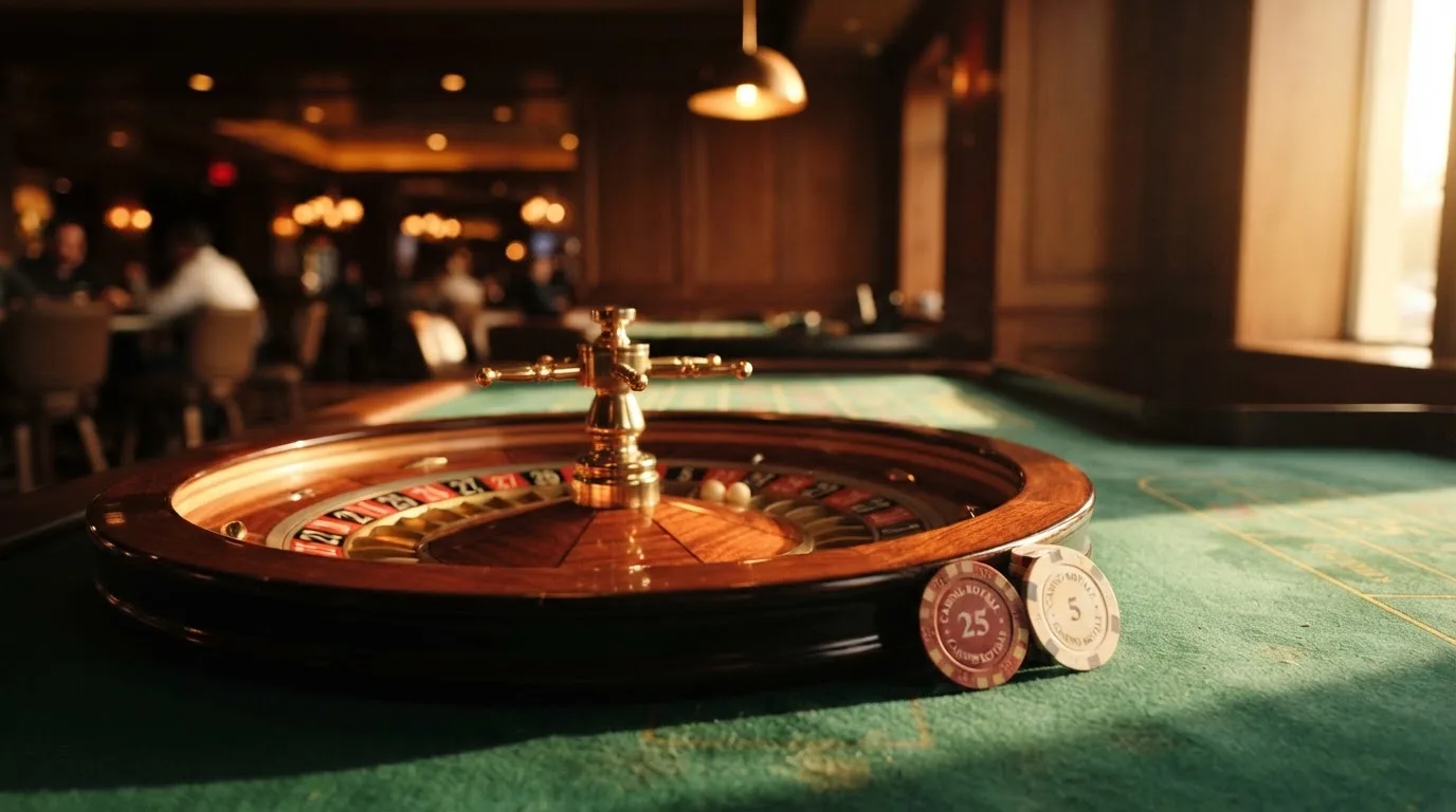 Roda de roleta e fichas sobre feltro verde, sob uma luz quente de fim de tarde — casino com free spins em portugal