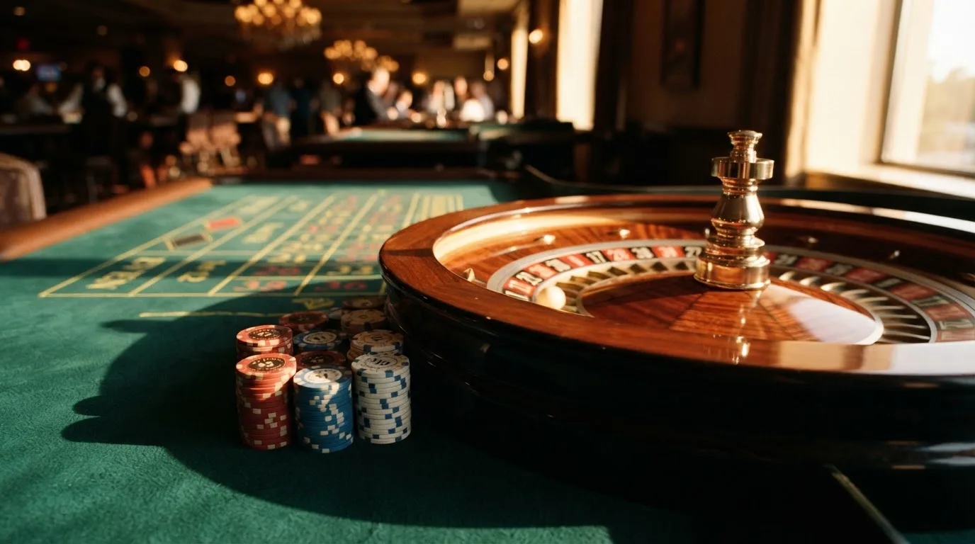 Roda de roleta e fichas sobre feltro verde, sob uma luz quente de fim de tarde — casino com grátis spins pt
