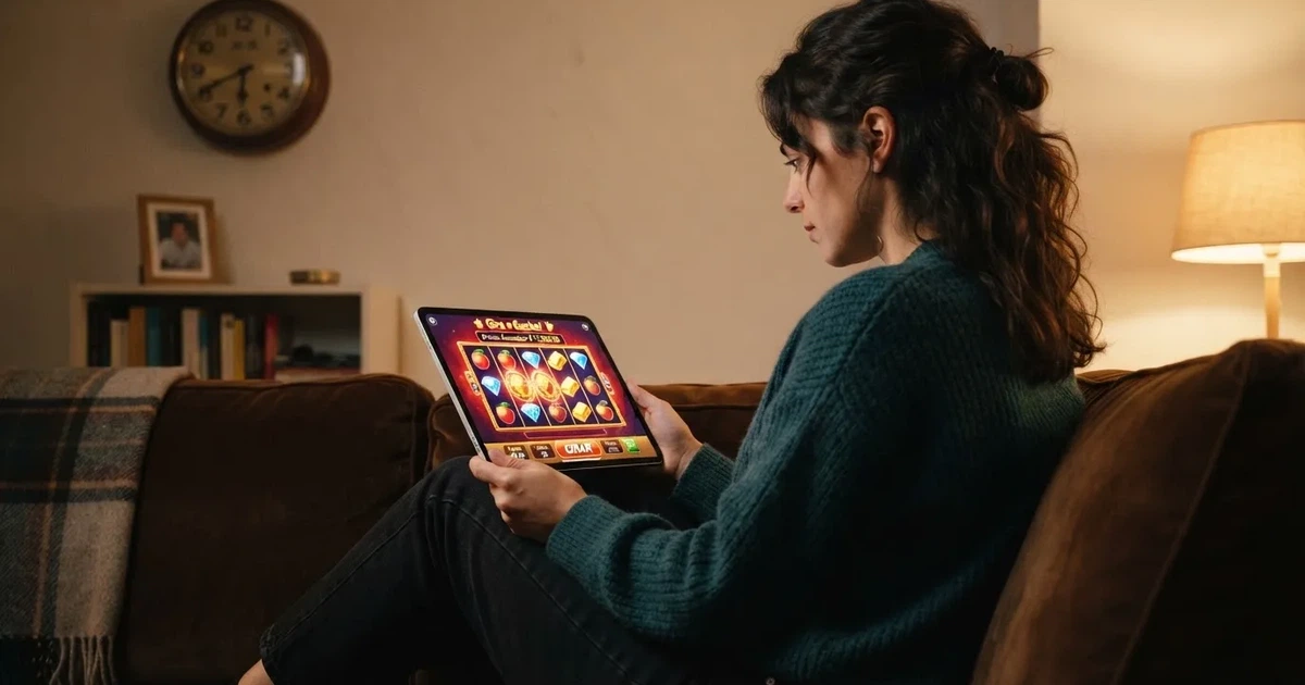Pessoa num sofá a olhar pensativa para um tablet, com um relógio na parede atrás — casino com grátis spins pt
