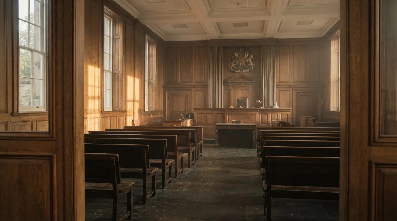 Sala de tribunal vazia com painéis de madeira, à luz da manhã — casino com levantamento pt