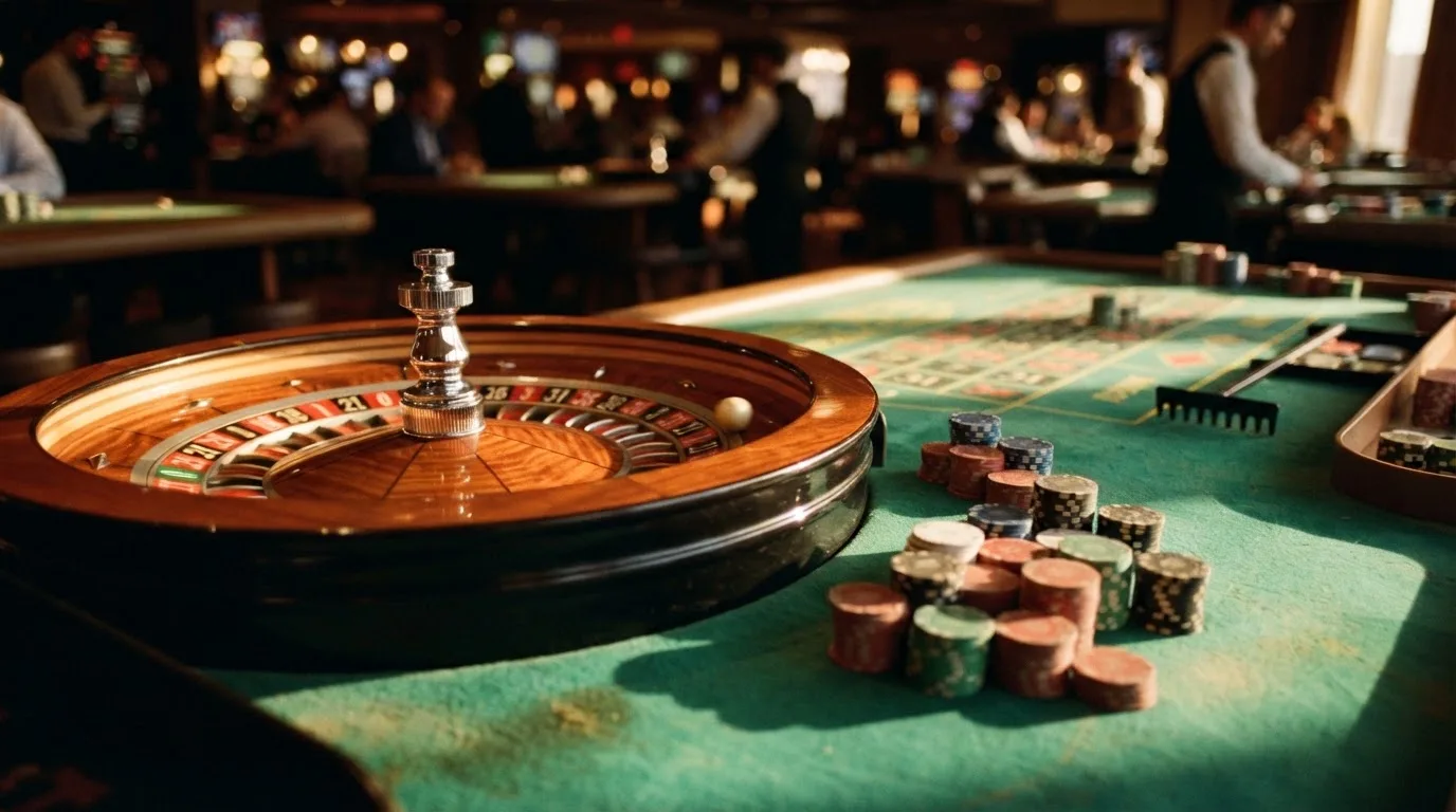 Roda de roleta e fichas sobre feltro verde, sob uma luz quente de fim de tarde — casino com levantamento pt
