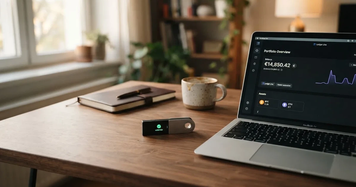 Carteira de hardware e computador portátil numa secretária, com luz suave — casino com litecoin em portugal
