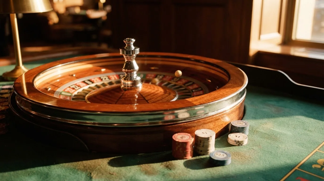 Roda de roleta e fichas sobre feltro verde, sob uma luz quente de fim de tarde — casino com solana em portugal