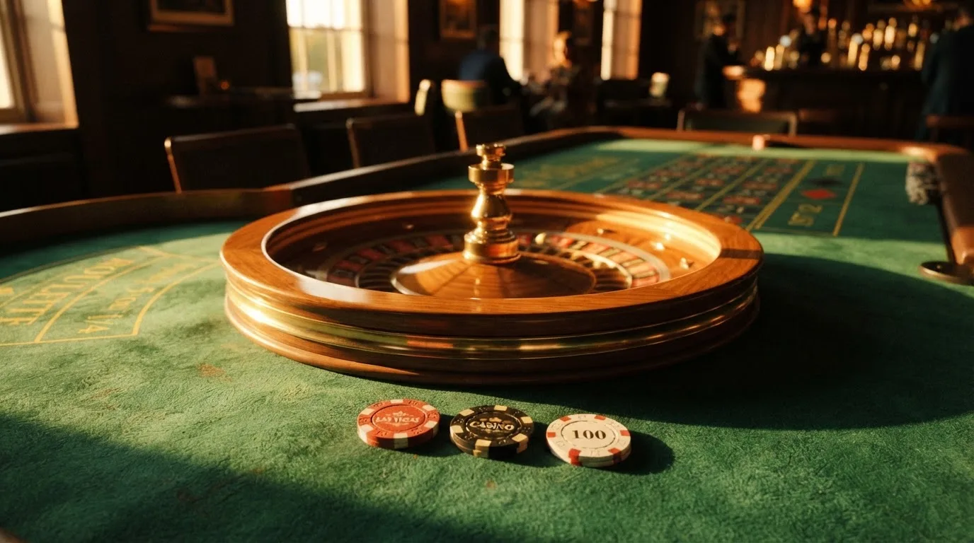 Roda de roleta e fichas sobre feltro verde, sob uma luz quente de fim de tarde — casino com tether em portugal