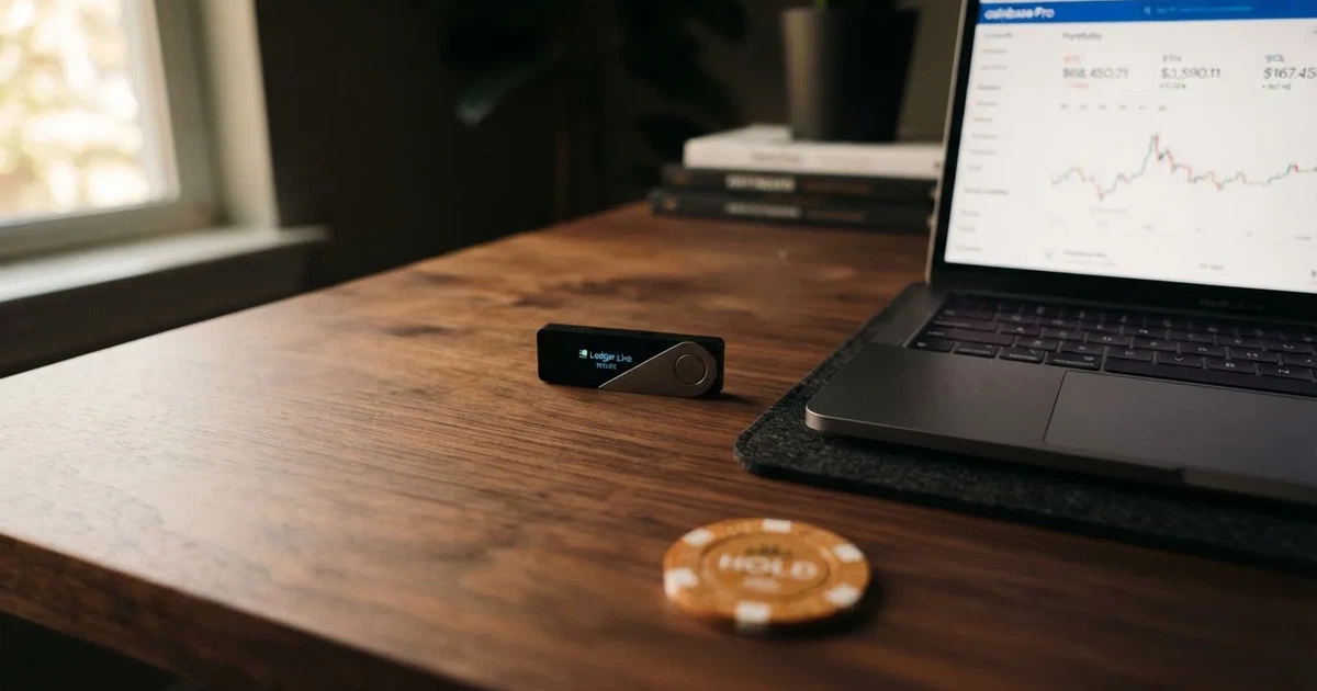 Carteira de hardware e computador portátil numa secretária, com luz suave — casino com tether em portugal