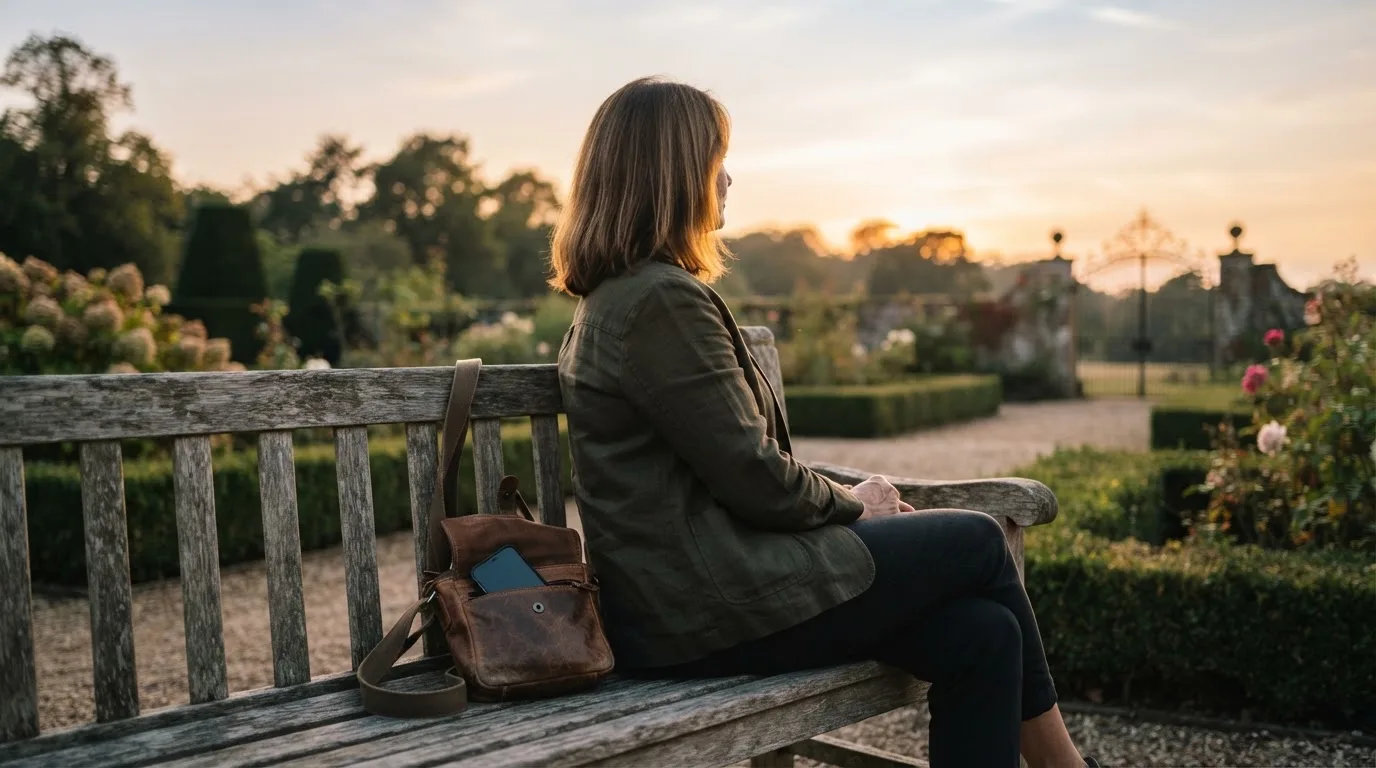 Pessoa sentada num banco de jardim ao pôr do sol, a olhar para o horizonte, com o telemóvel guardado numa mala.