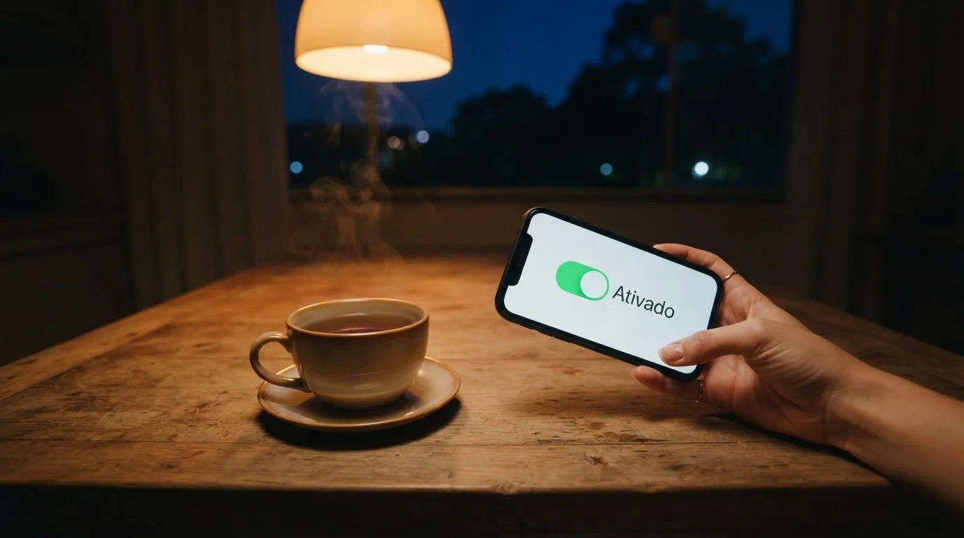 Mão a segurar um telemóvel ao lado de uma chávena de chá numa mesa de cozinha, numa noite tranquila — casino é confiável em portugal