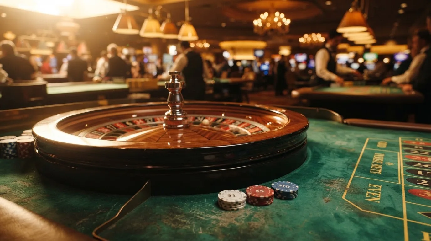 Roda de roleta e fichas sobre feltro verde, sob uma luz quente de fim de tarde — casino é confiável em portugal