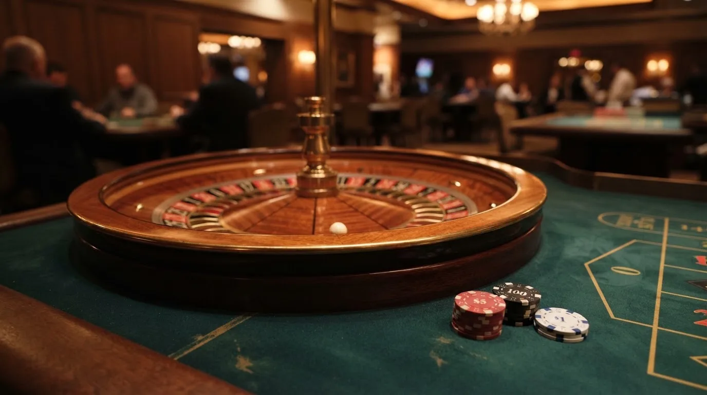 Roda de roleta e fichas sobre feltro verde, sob uma luz quente de fim de tarde — casino pagamentos em portugal