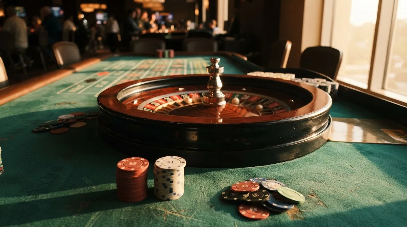 Roda de roleta e fichas sobre feltro verde, sob uma luz quente de fim de tarde — casino slots portugues