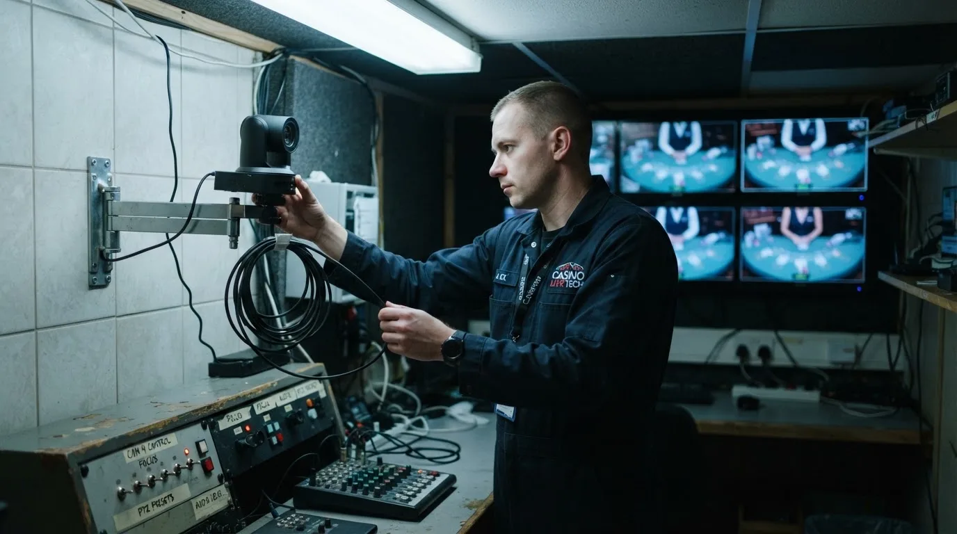Técnico de uniforme escuro a verificar câmaras e equipamento numa sala de controlo de um estúdio de televisão, com vários monitores desfocados.