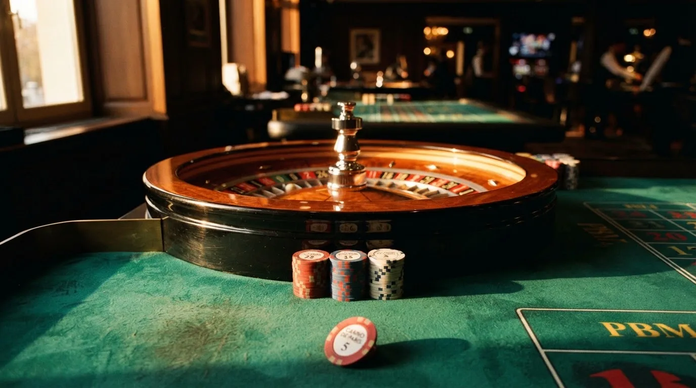 Roda de roleta e fichas sobre feltro verde, sob uma luz quente de fim de tarde — casinos com apple pay em portugal