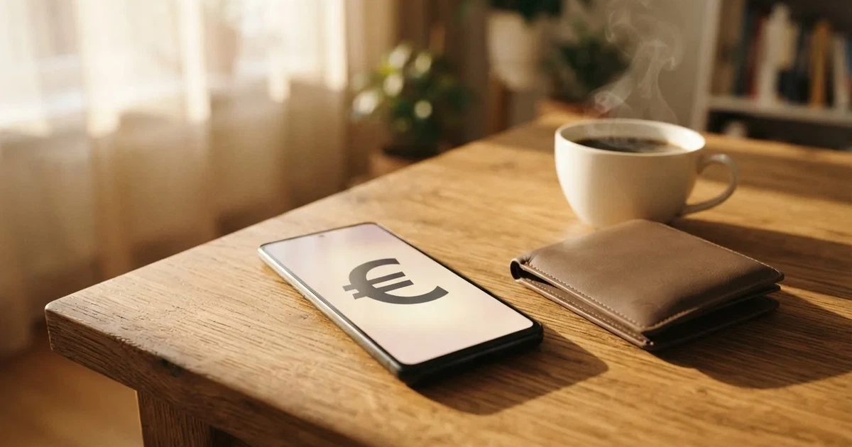 Telemóvel numa mesa de madeira ao lado de uma carteira e de uma chávena de café — casinos com apple pay em portugal