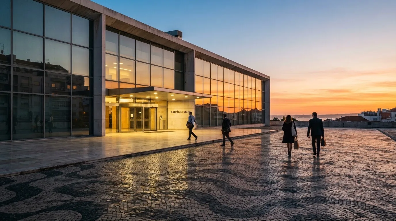 Fachada de um edifício administrativo moderno em Lisboa ao entardecer, com janelas amplas, calçada portuguesa e algumas pessoas a passar.