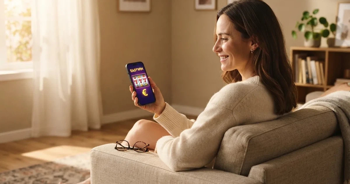 Mão de uma mulher a segurar um telemóvel numa sala de estar iluminada, com um sorriso discreto, numa fotografia realista de luz natural.