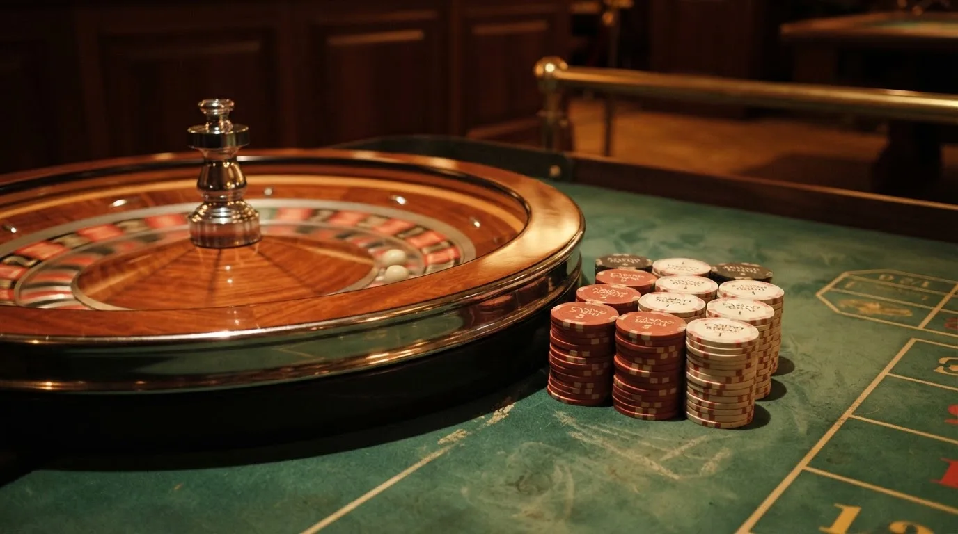 Roda de roleta e fichas sobre feltro verde, sob uma luz quente de fim de tarde — casinos com bônus em portugal