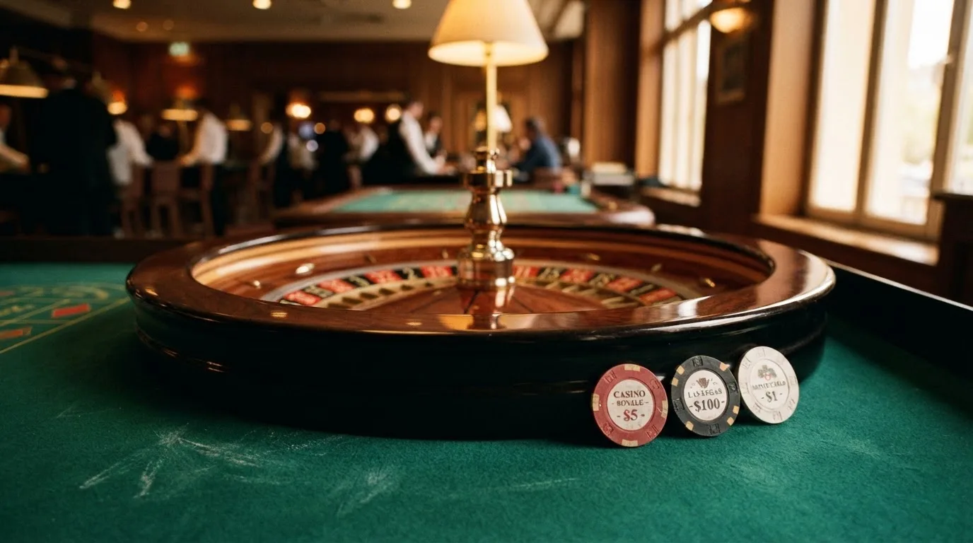 Roda de roleta e fichas sobre feltro verde, sob uma luz quente de fim de tarde — casinos com depósito mínimo pt